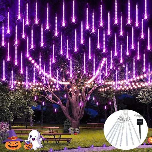 JMEXSUS Solar Christmas Lights Outdoor, 8 Tube 144 LEDs Solar Meteor Shower Lights, Purple Christmas Light for Tree Fence Eaves Patio Yard Holiday Party Decor