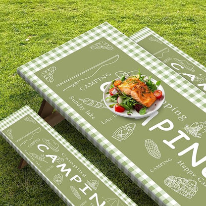 Picnic Table Cover with Bench Covers Elastic Edges, Green Camper Fitted Table Cover, Outdoor Patio Camping Essentials 72 Inch 3PCS, Waterproof Camping Fitted Tablecloth with Drawstring Bag