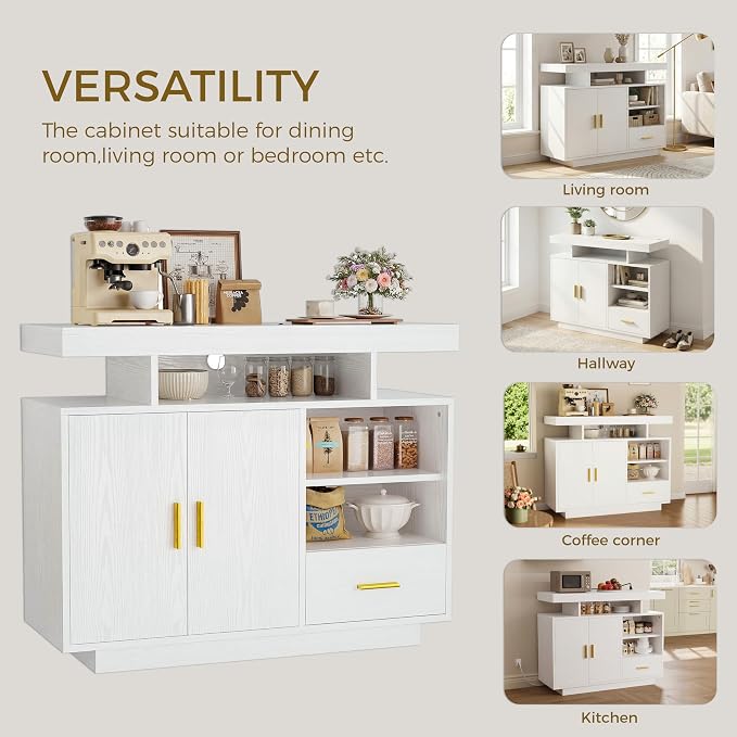 IRONCK Buffet Cabinet with Storage, Sideboard Cabinet with Outlet, White | Power Outlet with 3 AC Outlets and 2 USB Ports. Drawer, Door and Open Shelves. 60,000-color LED. Cable Management Hole.