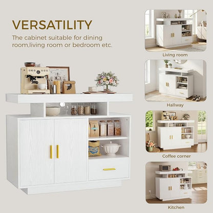 IRONCK Buffet Cabinet with Storage, Sideboard Cabinet with Outlet, White | Power Outlet with 3 AC Outlets and 2 USB Ports. Drawer, Door and Open Shelves. 60,000-color LED. Cable Management Hole.