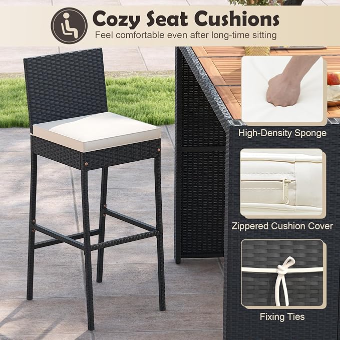 7 Piece Patio Wicker Bar Set, Rattan Bar Stools Set for Bistro with Acacia Wood Tabletop & Seat Cushions, Outdoor High Top Table and Chairs for Backyard Garden Porch Poolside (73 Inch)