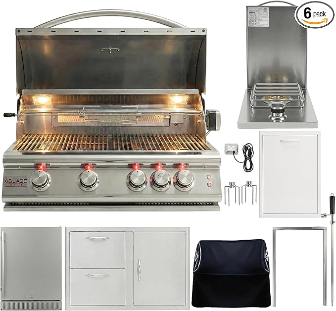 BLAZE BBQ Outdoor Grill Package 14 of 32” LTE Built-in Natural Gas Grill, Gas Dop-In Single Side Burner, 32” Door & Two Drawers Combo, 18” Roll Out Propane Tank, 24” Refrigerator, and Accessories