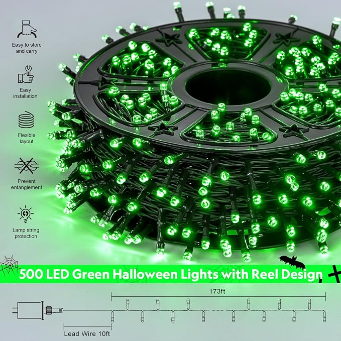JMEXSUSS 500 LED Green Halloween Lights, 173ft Christmas Lights Plug in | Remote Control, 8 Modes, Waterproof Green String Lights Outdoor for Halloween Party Xmas Tree Decorations