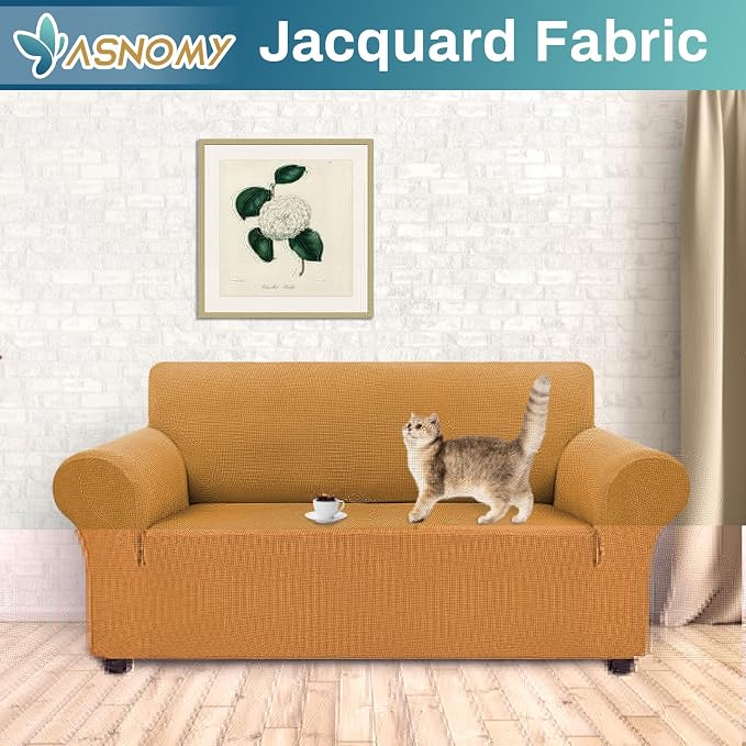 Asnomy Stretch Couch Covers Washable,loveseat Cover Slipcovers,Golden | 1-Piece Sofa Cover(55"-78") loveseat cover Furniture Protector Soft Jacquard,Non-Slip Elastic Bottom for Dogs & Kids