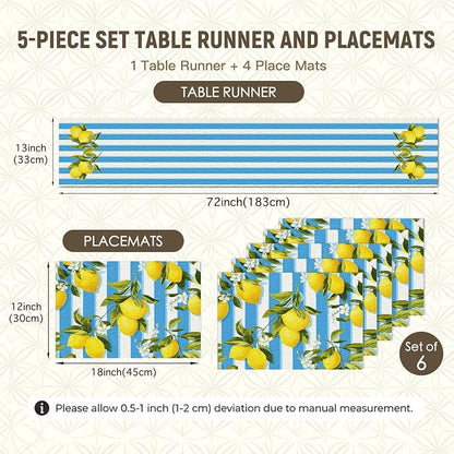 Nuxovilar Tablerunner and Placemats Set of 7 Blue-White Stripe Lemon Decor Linen Square Placemats for Dining Dining Sets and Accessories Summer Picnic, Outdoor BBQ, Breakfast Table