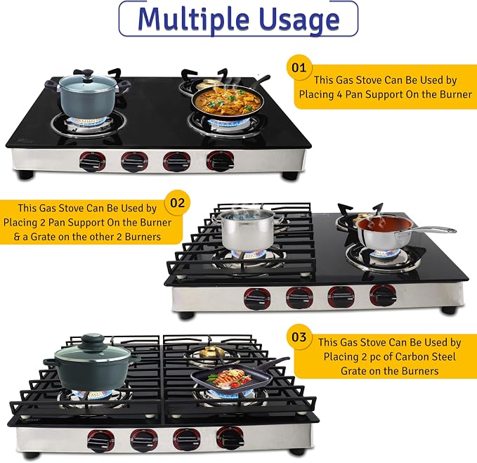 4 Burner Gas Stove Top, 25" Black Tempered Glass Countertop Stove | Stainless Steel 4 Burner Cooktop Burners RV Stove for Cooking Range Gas with Hose & Regulator to Connect Propane Cooktop