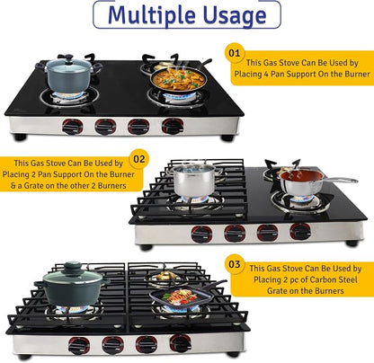 4 Burner Gas Stove Top, 25" Black Tempered Glass Countertop Stove | Stainless Steel 4 Burner Cooktop Burners RV Stove for Cooking Range Gas with Hose & Regulator to Connect Propane Cooktop