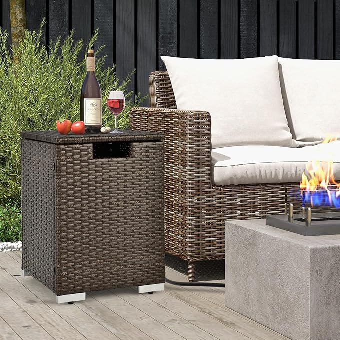 Tangkula Outdoor Propane Tank Cover Table, Patiojoy Wicker Hideaway for Gas Fire Pits, 20 lbs Tank Storage Box, Outdoor Side Table & Holder (Mix Brown)