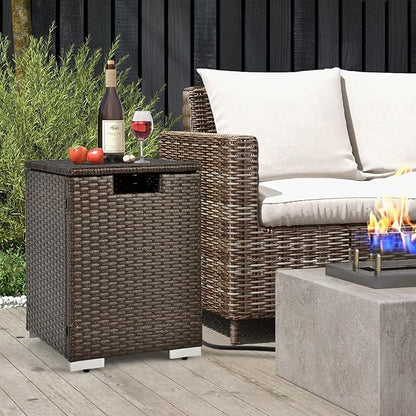 Tangkula Outdoor Propane Tank Cover Table, Patiojoy Wicker Hideaway for Gas Fire Pits, 20 lbs Tank Storage Box, Outdoor Side Table & Holder (Mix Brown)