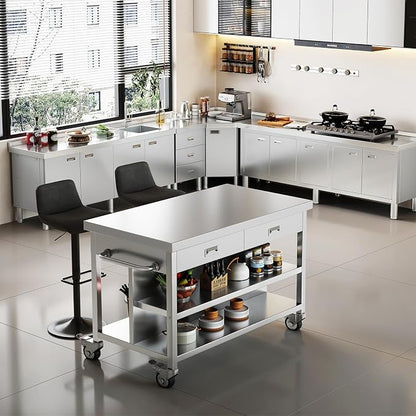 Stainless Steel Kitchen Island with Storage, Rolling Kitchen Island Cart on Wheels with 2 Drawers, Industrial Kitchen Cart, Commercial Portable Island for Kitchen, Bar, Outdoor Patio, 25 x 50 x 37 in