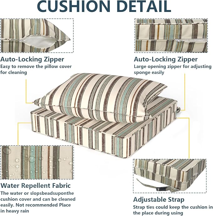 DYTXIII Outdoor Deep Seat Cushion Set, Water Repellent 24"x24" Patio Thick Cushions Replacement with Seat & Back Pillow for Patio Sofa, Wicker Chair, Couch - Stripe Onyx