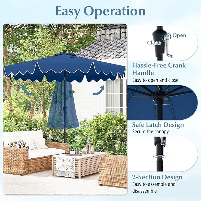 Tangkula 9Ft Patio Umbrella with Crank, 2-Tier Outdoor Umbrella with Push Button Tilt, Sun-Protective Canopy, 8 Ribs, Scalloped Patio Umbrella for Outdoor Beach Deck Pool Table (Blue)