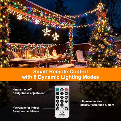 Outdoor String Lights 197ft 1000 LED Multicolor Silver Copper Wire Fairy Lights with Remote Listed Plug-in Christmas Lights 8 Modes Low Voltage Twinkle Lights for Garden Patio Yard Tree Wedding Party