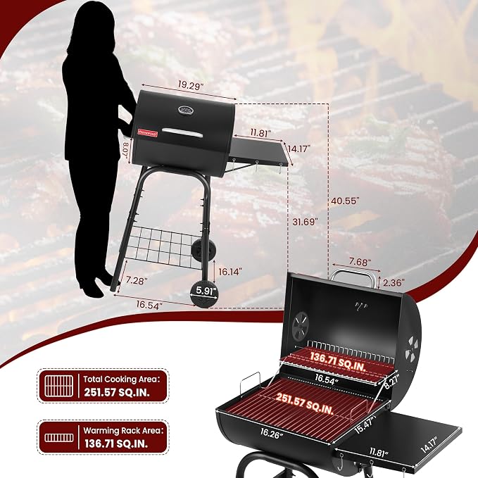 Barrel Charcoal Grill, 388 Sq. In. Outdoor BBQ Grill | 4-level adjustable charcoal pan, thermometer, warming rack, side shelf with hooks, wheels and bottom storage rack