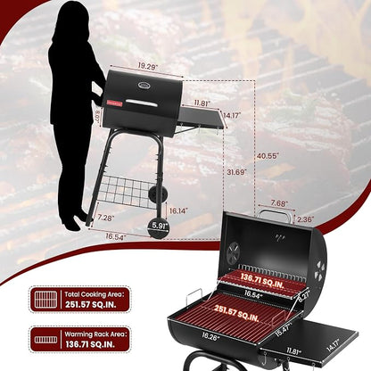 Barrel Charcoal Grill, 388 Sq. In. Outdoor BBQ Grill | 4-level adjustable charcoal pan, thermometer, warming rack, side shelf with hooks, wheels and bottom storage rack