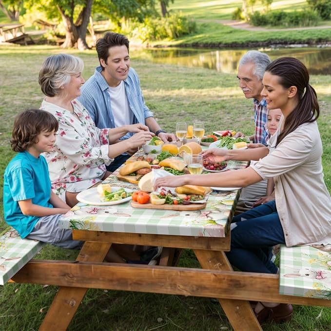 Easter Picnic Table Cover with Bench Covers, Camping Essentials, Easter Buffalo Plaid Rabbit Eggs Flower Outdoor Table Covers, Waterproof, Fitted Tablecloth Cover with Elastic Edge, 3 PCS, 30x96 Inch