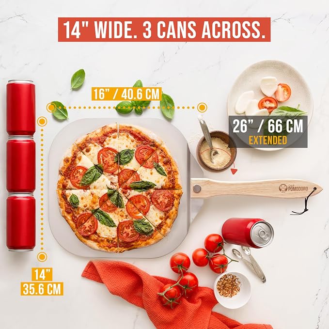 Chef Pomodoro Pizza Peel 16 Inch, Metal Spatula with Foldable Wood Handle | Commercial-grade Aluminum & Wood Paddle, 14x16in Head, Extends to 26in; Transfers Pizza, Bread & Pastries to Oven, Grill