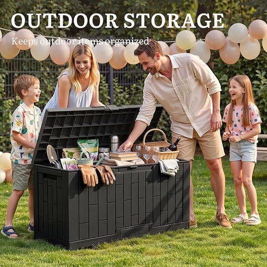 YITAHOME 60 Gallon Outdoor Storage Box, Large Water Resistant Resin Deck Box with Slide-Locking, Indoor Outdoor Bamboo-Textured Storage Container for Patio, Garden, Cushions, Tools, Equipment (Black)