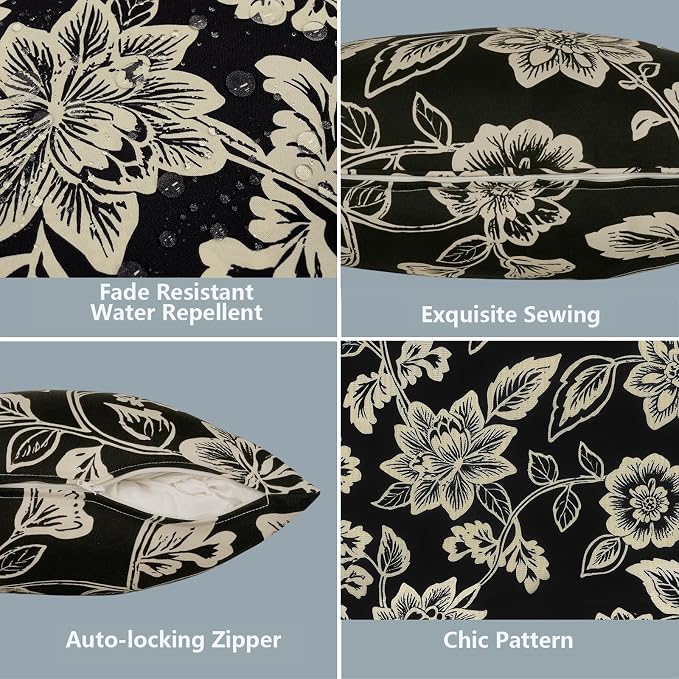 LVTXIII Outdoor Pillow Covers 20x20 Inch, 2 Pack Large Square Throw Pillow Cases, Fade-Resistant Cushion Covers for Patio Furniture Sofa, Garden Porch, Elegant Vines Black