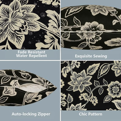 LVTXIII Outdoor Pillow Covers 20x20 Inch, 2 Pack Large Square Throw Pillow Cases, Fade-Resistant Cushion Covers for Patio Furniture Sofa, Garden Porch, Elegant Vines Black