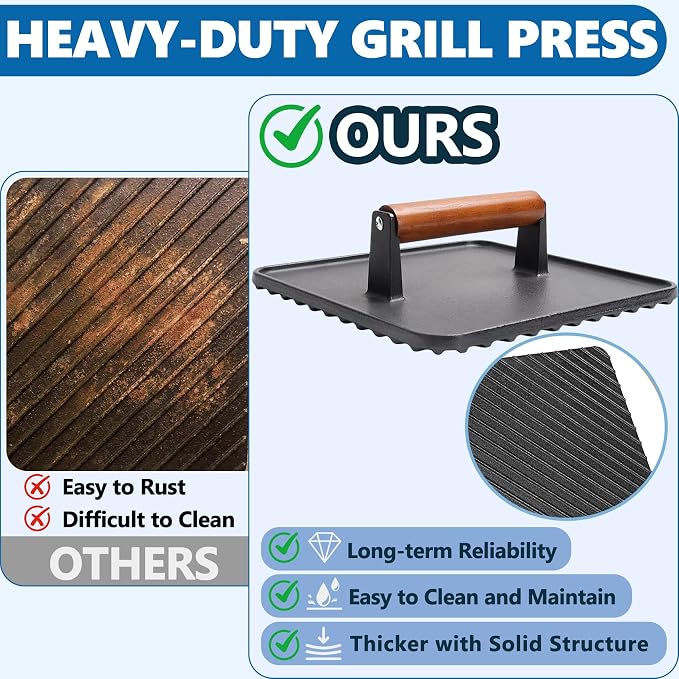 Cast Iron Square Burger Press&Rectangle Meat Press for Griddle Accessories | Bacon Press for Pitboss, Camp Chef Flat Top Grills Accessories, Smash Burger Press for Griddle Cooking Accessories, 2PCS