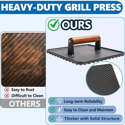 Cast Iron Square Burger Press&Rectangle Meat Press for Griddle Accessories | Bacon Press for Pitboss, Camp Chef Flat Top Grills Accessories, Smash Burger Press for Griddle Cooking Accessories, 2PCS