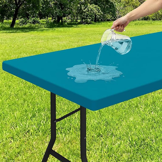 Smiry Rectangle Tablecloth, Elastic Fitted Flannel Backed Vinyl Tablecloths for 8ft Folding Tables, Waterproof Wipeable Table Covers for Indoor, Outdoor, Picnic and Camping (Turquoise, 30"x96")