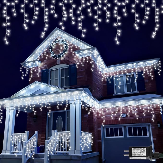 QITONG Icicle Lights for Outside, 33ft 400 LED String Lights Plug in with 8 Modes, Connectable White Icicle Christmas Light Clear Wire Indoor