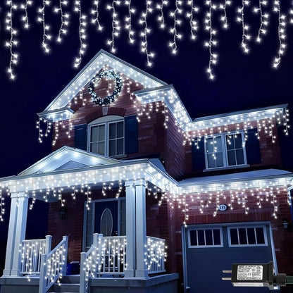 QITONG Icicle Lights for Outside, 33ft 400 LED String Lights Plug in with 8 Modes, Connectable White Icicle Christmas Light Clear Wire Indoor
