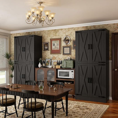Unikito 71" Tall Kitchen Pantry Cabinet with Farmhouse Barn Doors and Storage Drawer, 4 Adjustable Shelves, Freestanding Cupboard for Kitchen, Dining Room, Living Room, Utility Room, Black 2 Pack
