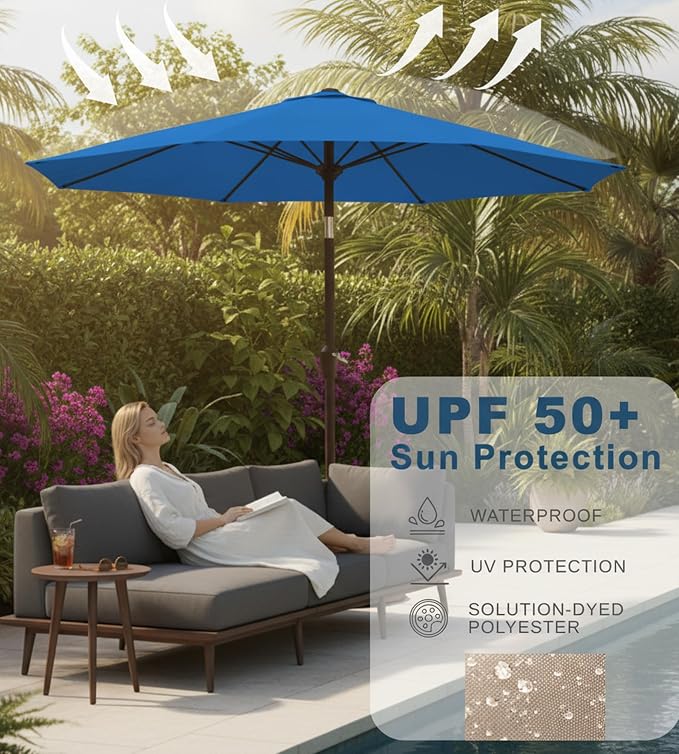 9FT Auto-Tilt Patio Umbrella|Outdoor Market Table Umbrella with 8 Fiberglass Ribs for Pool,Deck&Backyard