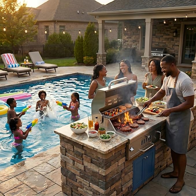 Built in Charcoal Grills for Outdoor Kitchen Island, Large Drop-in Barbecue Grill with Liftable Tray, Insulated Hood & Temp Gauge Heavy Duty Stainless Steel BBQ Grill for Family Parties Patio Cooking