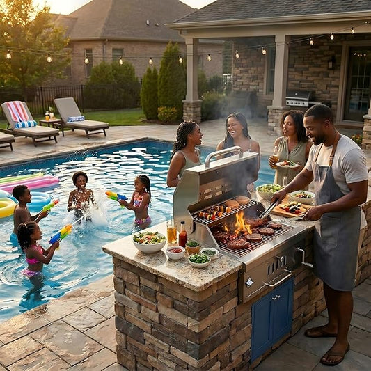 Built in Charcoal Grills for Outdoor Kitchen Island, Large Drop-in Barbecue Grill with Liftable Tray, Insulated Hood & Temp Gauge Heavy Duty Stainless Steel BBQ Grill for Family Parties Patio Cooking