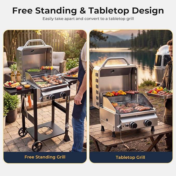 Electactic 2 Burner Propane Gas Grill, 16,000 BTU Stainless Steel BBQ Grill with Folding Side Tables, Convertible to Tabletop Design, Enameled Cast Iron Grates, Barbecue Grill for Camping, Patio