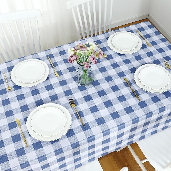 Romanstile Gingham Rectangle Plastic Tablecloth, 100% Waterproof Checkered PVC Table Cloth, Heavy Duty Vinyl Table Cover for Dining, Camping, Picnic, Outdoor - 54 x 78 Inch, Light Blue and White
