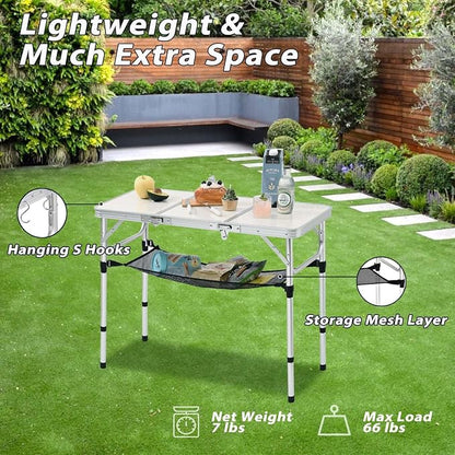 YihuiKo 3ft Aluminum Folding Picnic Table - Lightweight & Portable Outdoor Table with Adjustable Height, Storage Net for Camping, Backyard, RV Trips | 35" x 16", Adjustable Heights Max 27.5", Outdoor Table for Camping/RV/Trip, Carrying Handle, Aluminum...
