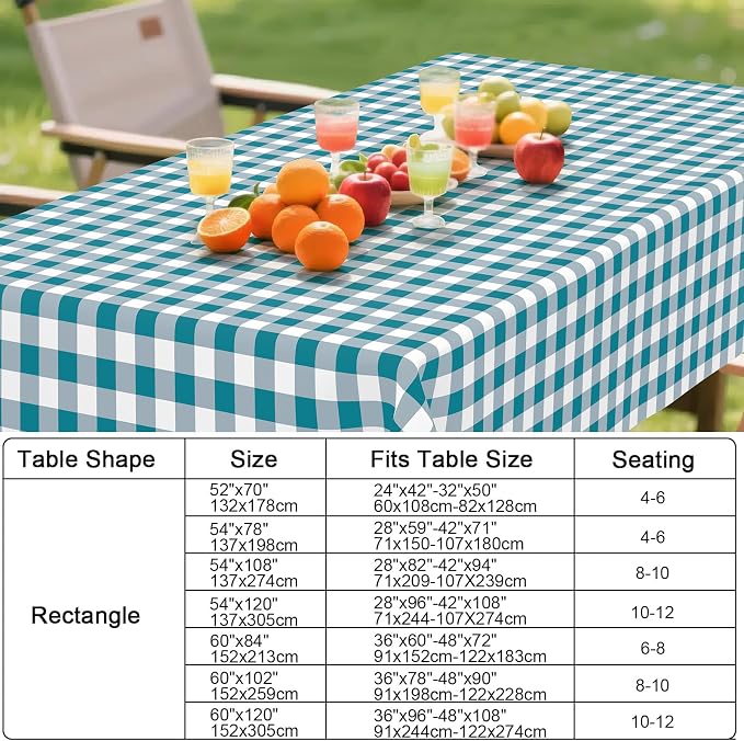 Smiry Picnic Table Cloth, Vinyl Tablecloths with Flannel Backing, 60"x120" | Waterproof Rectangle Table Cloth, Wipeable Buffalo Plaid Table Cover for Indoor and Outdoor (Turquoise & White)