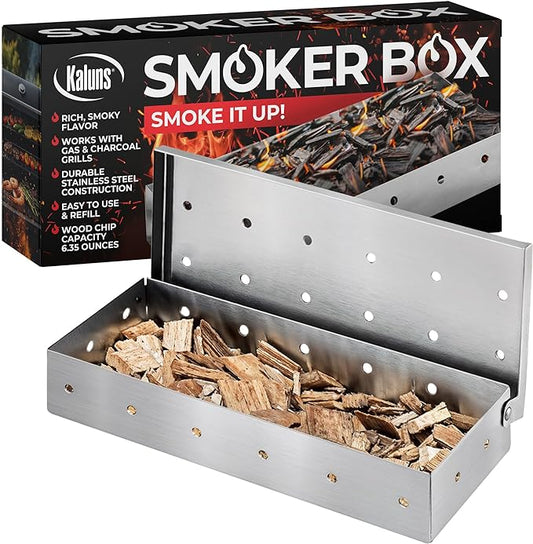 Kaluns Universal Stainless Steel Smoker Box, Gas or Charcoal Grill Smoke Box, Works with Wood Chips, add Delicious Smoked Flavor, Hinged Lid,Warp Free Grill Accessories