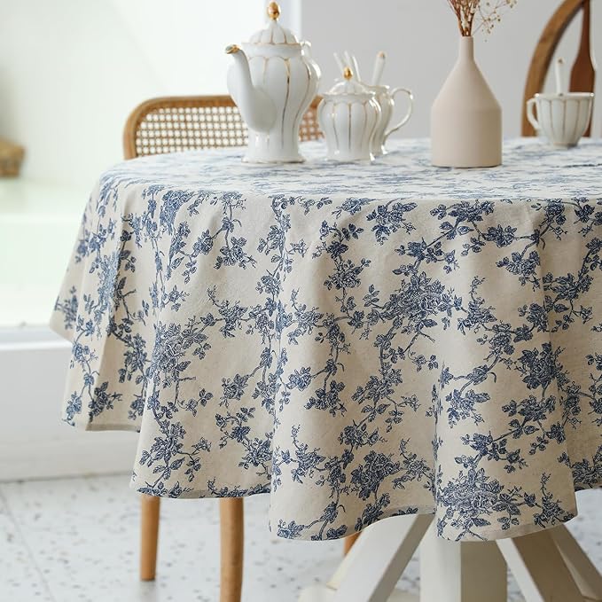 YiHomer Pastoral Round Tablecloth - 48 Inch Dia. Table Cloth - Washable Table Cover with Dust-Proof Wrinkle Resistant for Restaurant, Picnic, Indoor and Outdoor Dining, Floral (Dark Blue)
