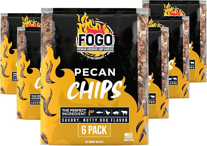 FOGO Pecan Wood Chips for Grilling and Smoking, Sweet Nutty BBQ Flavor for Charcoal and Gas Grills, Made in USA, 1.4 lb Bag, 6-Pack