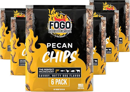 FOGO Pecan Wood Chips for Grilling and Smoking, Sweet Nutty BBQ Flavor for Charcoal and Gas Grills, Made in USA, 1.4 lb Bag, 6-Pack