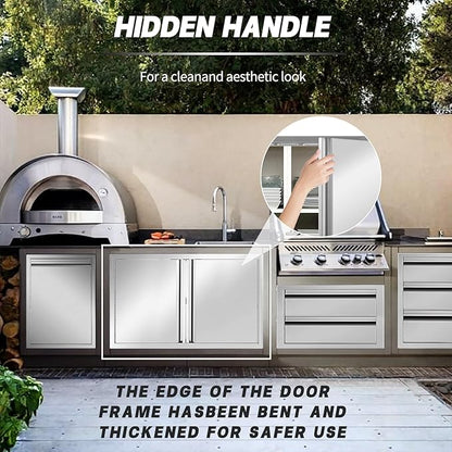 Outdoor Kitchen Doors Stainless Steel,31" W by 24" H Double Access Door, Outdoor Stainless Steel Cabinet Doors, Pin-Hinge Flush Mount Self-Rimming for Outdoor Kitchen and BBQ Island