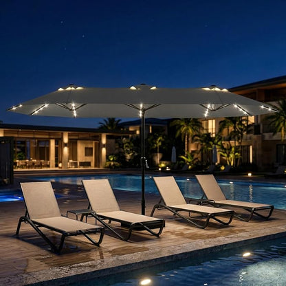 15ft Large Patio Umbrella with Solar Lights and Base, Double-Sided Outdoor Rectangle Umbrella with 48 LED Lights, Market Table Umbrellas with UV Resistant Canopy