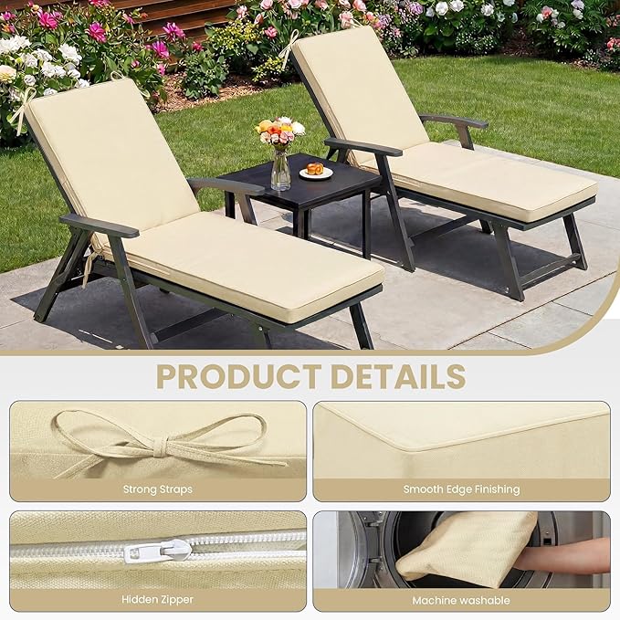 Chaise Lounge Cushions Outdoor, 72 x 21 Inch Water & Fade-Resistant Patio Furniture Lounge Cushion, Beach Umbrella Lounger Chair Replacement Cushion with Removable Cover Pad, Beige