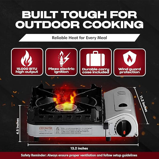 Chef Master 15,000 BTU Butane Portable Camp Stove + 4x 8oz Butane Canisters | Double Wind-Guard Portable Stove Burner w/Piezo Ignition for Emergencies, Tailgating, Hiking & Camping Essentials - 90019