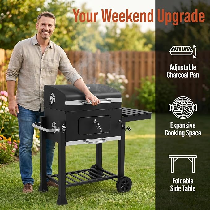 Charcoal Grill with Foldable Side Table and Wheels, Heavy-duty Outdoor BBQ Grill for Backyard, Patio, Garden, and Picnic Cooking, Black