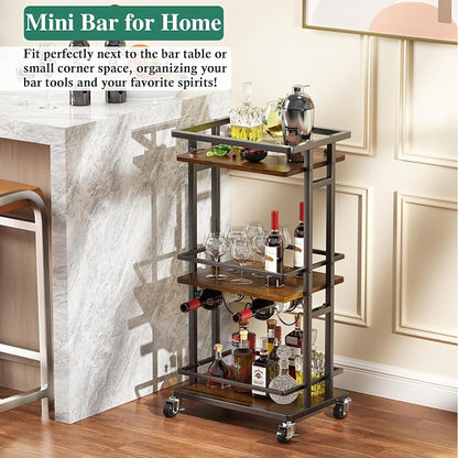 OKZEST 3-Tier Bar Cart for Home, Mini Rolling Liquor Cabinet & Serving Cart | Small alcohol coffee bar cart for party, Holds wine, liquor, beverage, glassware, shaker, coffee supplies, Rustic farmhouse