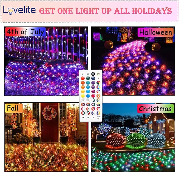 204 LED Net Lights, 35 Colors Changing Christmas Net Lights Outdoor, 9.8ft x 6.6ft Connectable Bush Mesh Light Clear Wire for Halloween Christmas Tree Holiday Wedding Party Gazebo Patio Decor