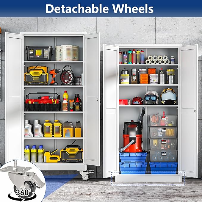 Ckzbx Metal Garage Storage Cabinet with Locking Doors and Adjustable Shelves,71" H Steel File Cabinet with Wheels for Garage,Office (White)
