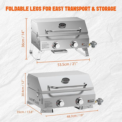 ONLYFIRE GRILLS Tabletop Gas Grill 2 Burners, 20" Portable Propane Grill with Foldable Legs for Outdoor Patio Backyard Camping Tailgating RV Trip Beach, Stainless Steel Gas Stove 16000BTU, GS322